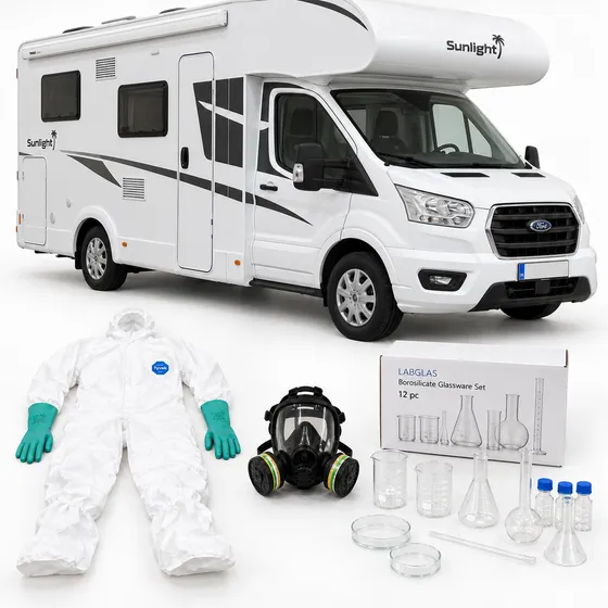 Motorhome with a white coverall, a full-face respirator and a boxed borosilicate glassware set