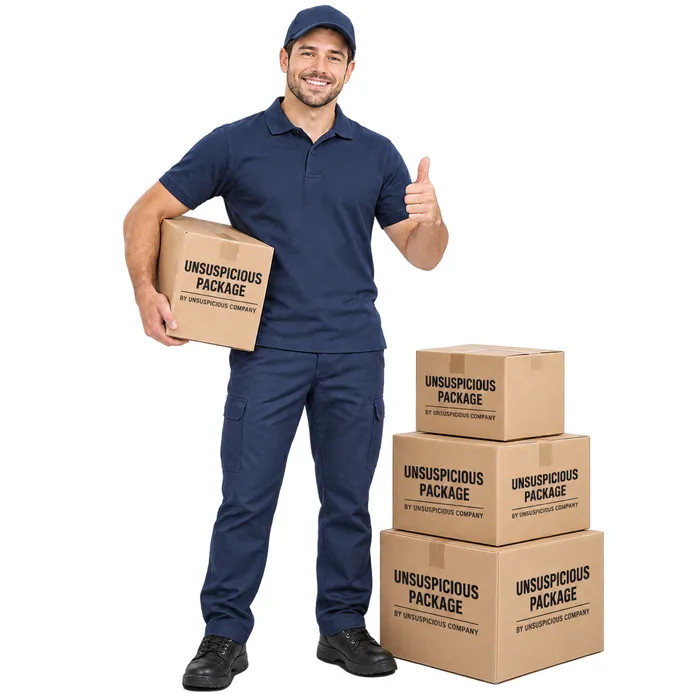 A delivery driver in a navy uniform giving a thumbs up, holding a box stamped UNSUSPICIOUS PACKAGE, beside a stack of the same boxes