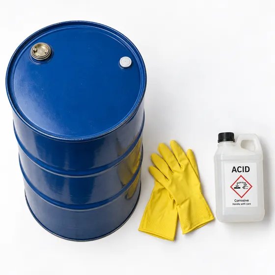 Blue 55-gallon steel barrel, yellow rubber gloves and a jug labelled Acid