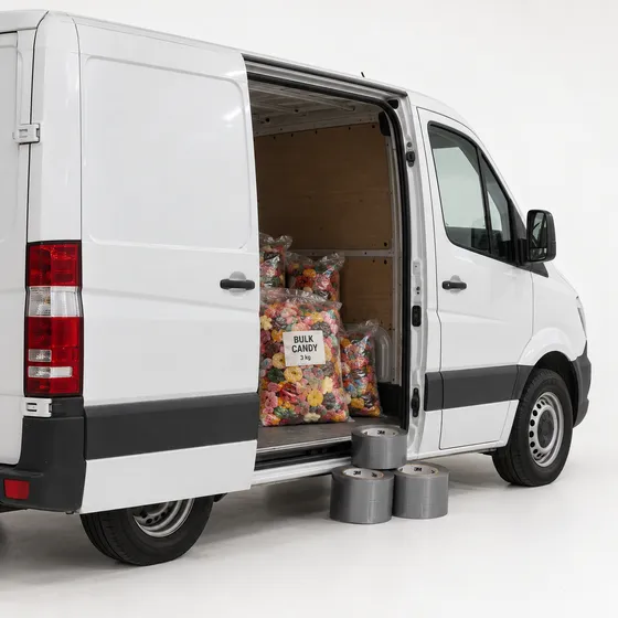Unmarked white van with its side door open on sacks of bulk candy, and four rolls of duct tape