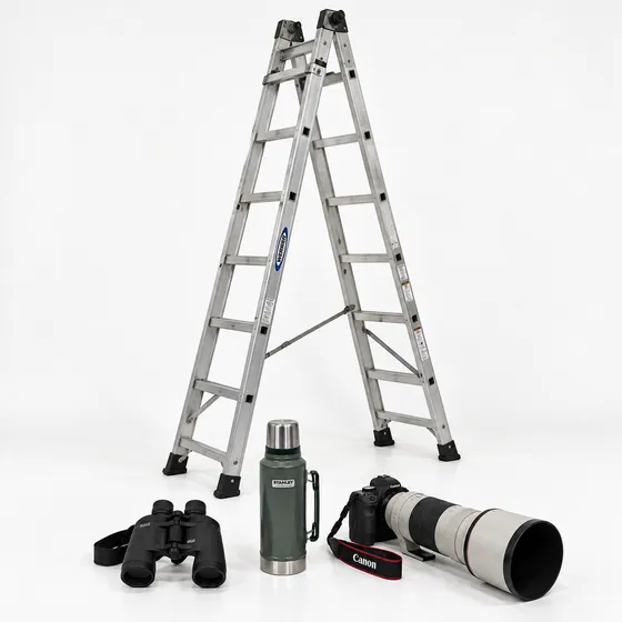 Aluminium extension ladder with binoculars, a thermos flask and a camera with a 400 mm telephoto lens