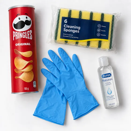 Pringles can, a six-pack of cleaning sponges, blue rubber gloves and a bottle of lubricant